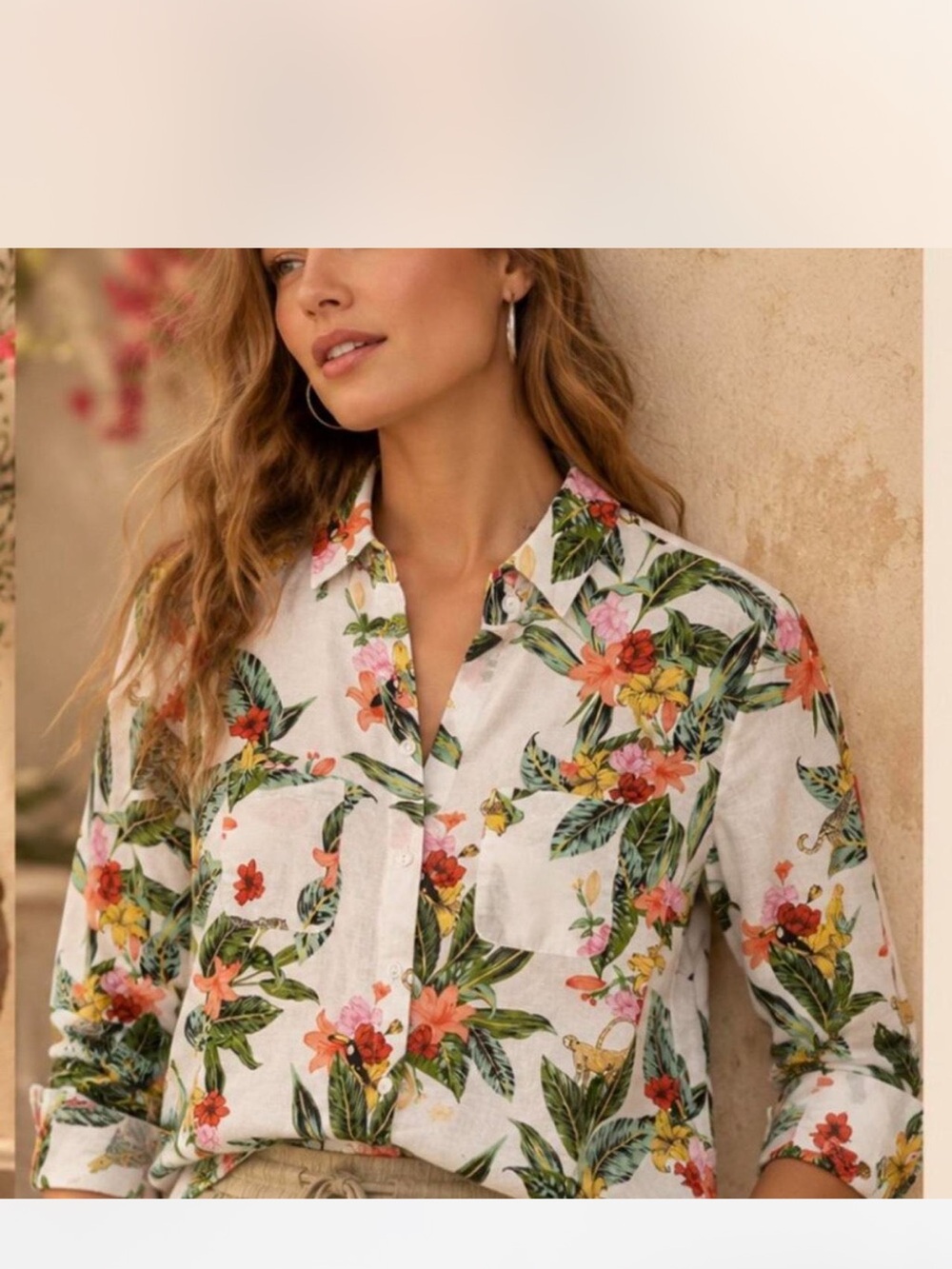 Charter Club linen luxury White Button-Front Shirt with Tropical Floral Print